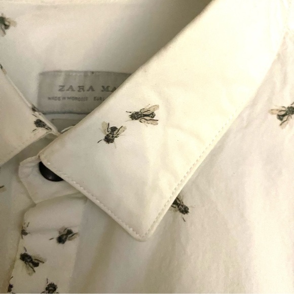 Zara Man Slim Fit Button Up White Shirt L Polka Dot Flies Unique Beelzebub Flies - Picture 4 of 8